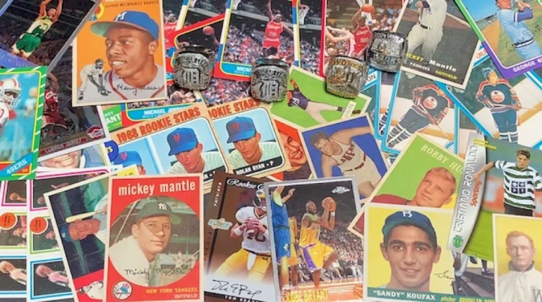 Various sports cards laid out on a table